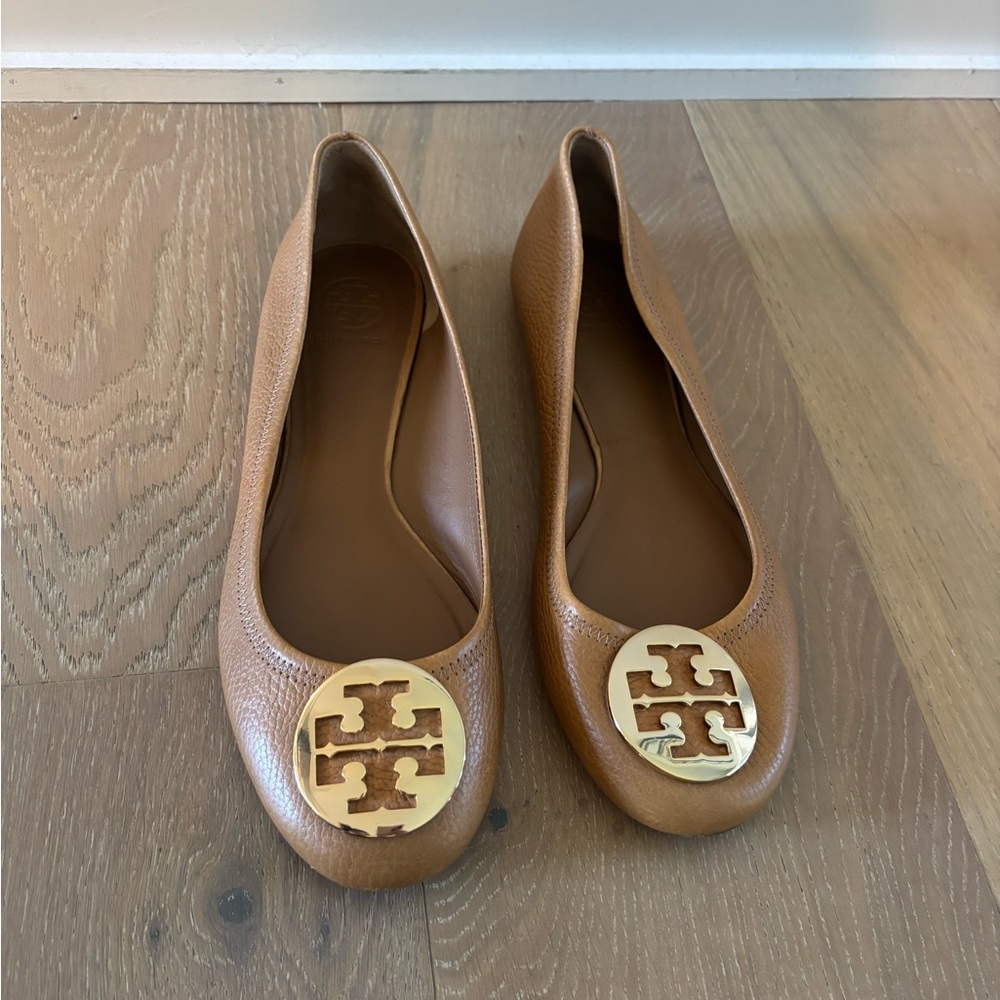 Tory Burch Brown Flats with Gold Logo